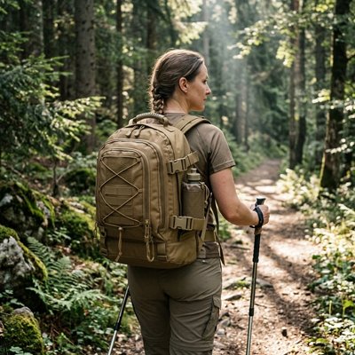 Sac à dos voyage marron femme randonnée sentier forêt