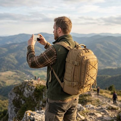 Sac à dos voyage marron homme prend photo en montagne