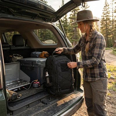 Sac à dos voyage noir femme sort de son auto