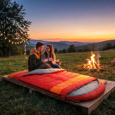 Réveil d'un jeune couple dans un sac de couchage double, prenant un café près du feu, au lever du soleil