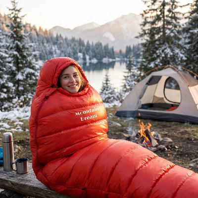 En hiver une femme emmitouflée dans un sac de couchage duvet grand froid rouge