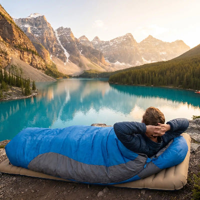 Devant un lac de montagne un homme observe la nature dans son sac de couchage duvet grand froid