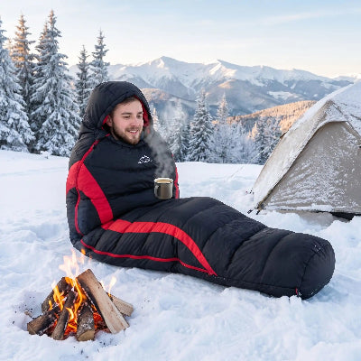 Hiver en montagne un homme prend un café dans un sac de couchage duvet grand froid noir