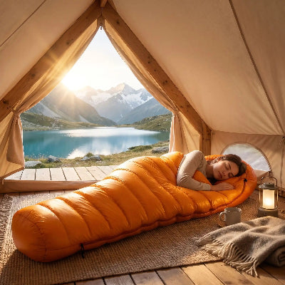 Femme endormie dans un sac de couchage grand froid duvet dans tente
