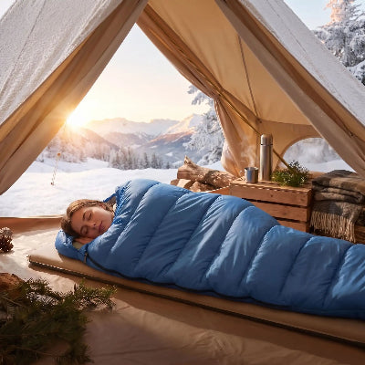 Femme endormie dans son sac de couchage grand froid duvet dans sa tente