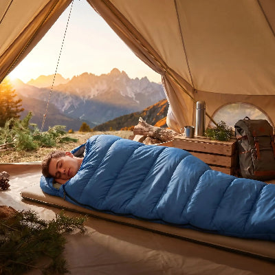 Homme endormi dans le sac de couchage grand froid duvet dans sa tente
