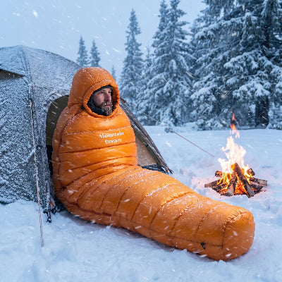 Homme dans sac de couchage grand froid duvet pendant une tempête de neige