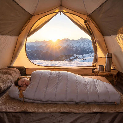 Femme endormie dans sac de couchage grand froid ultraléger dans sa tente
