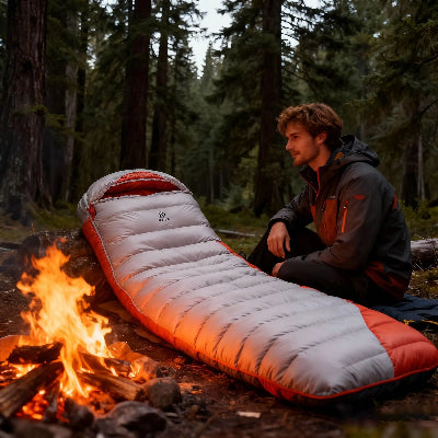 En boisé l'homme agenouillé devant son sac de couchage grand froid ultra-léger près du feu