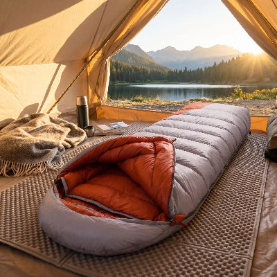 Sac de couchage grand froid ultraléger gris orange dans une tente