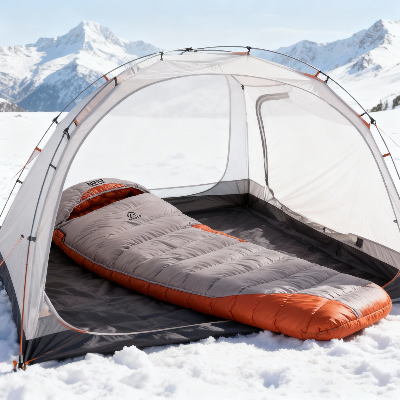Sac de couchage grand froid ultra léger dans une tente dans les montagnes enneigées