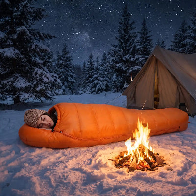 Elle dort dans son sac de couchage pour grand froid couette oie 10°C dans neige