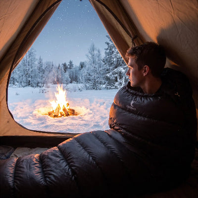 Il observe le feu sur la neige dans Sac de couchage pour grand froid | Duvet polaire -10 °C.