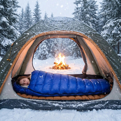 Elle dort dans Sac de couchage pour grand froid | Duvet polaire -10 °C. foret enneigee