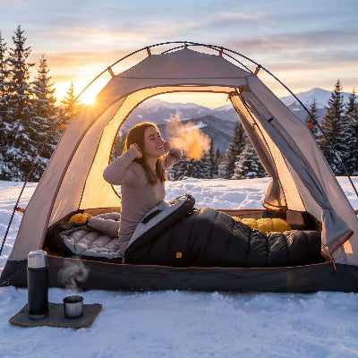 Femme au réveil en hiver dans sac de couchage pour grand froid premium