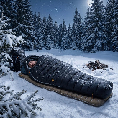 Dans la neige, un jeune homme dort dans sac de couchage pour grand froid premium