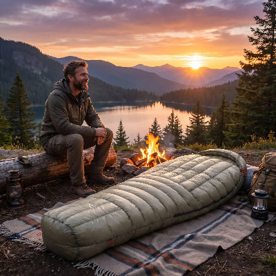 homme sac de couchage couverture ultra sec admire lac montagnes coucher soleil