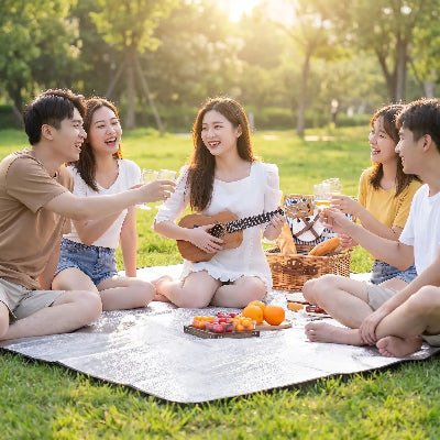 Petite fête entre amis sur tapis de sol camping imperméable