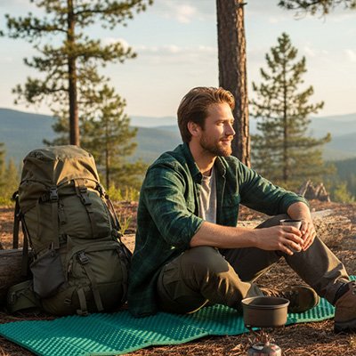 Assis sur son tapis de sol camping ultra-résistant, il observe le paysage, plus bas. 