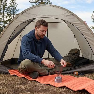 Il se prépare un café, assis sur un tapis de sol de camping, devant sa tente.