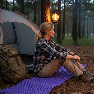 Elle est assise sur un tapis de sol de camping, attendant le coucher du soleil, dans un boisé.