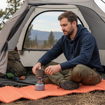Il est assis sur un tapis de sol de camping, devant une tente.
