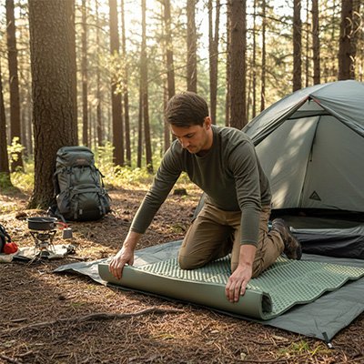 Devant sa tente, il roule son tapis de sol de camping, en forêt. 