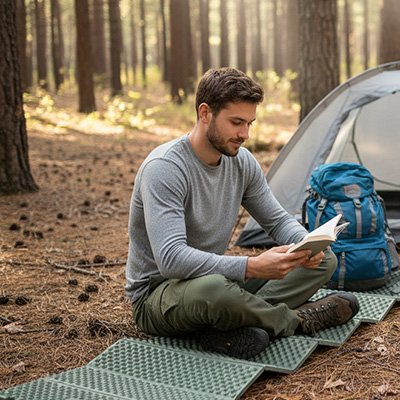 En camping en forêt, il lit sur un tapis de sol de camping. 