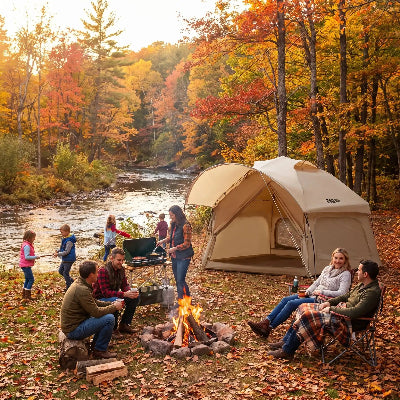 familles devant la tente de camping familiale rapide pres riviere
