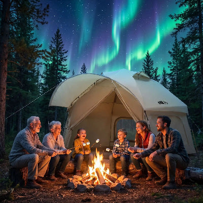 famille admire aurores boreales devant tente de camping familiale rapide