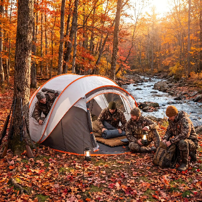 automne chasseurs devant tente de camping forme bateau pop-up 3 min