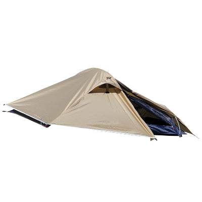 Tente de camping tunnel marron terre.
