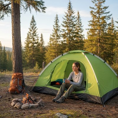 La jeune femme boit son café dans sa tente pour bivouac montage rapide, devant le feu.