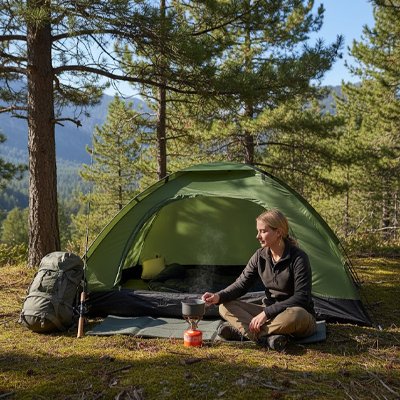 Une jeune femme se préparant un café, devant sa tente pour bivouac montage rapide, sous les conifères.