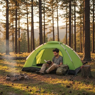 Un jeune homme lit son livre, à l'entrée de sa tente pour bivouac montage rapide.