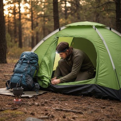 Un jeune homme installe sa tente pour bivouac montage rapide, dans la forêt.