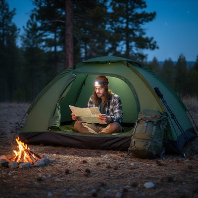 Un homme lit une carte géographique, dans sa tente pour bivouac montagne rapide, au coucher de soleil.